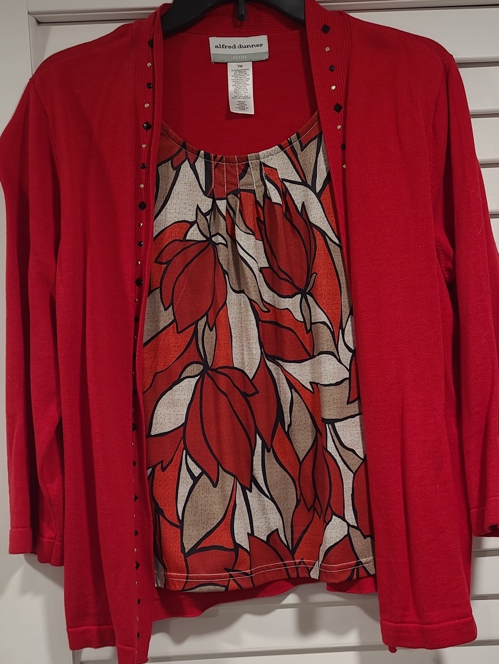 Alfred Dunner Red Cardigan with Red & Cream Floral Shell